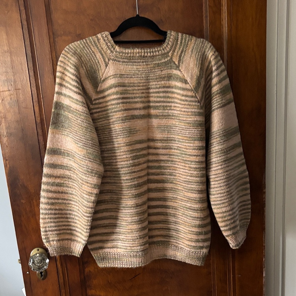 Hand Knitted Beige and Green Striped Sweater - Picture 2 of 6